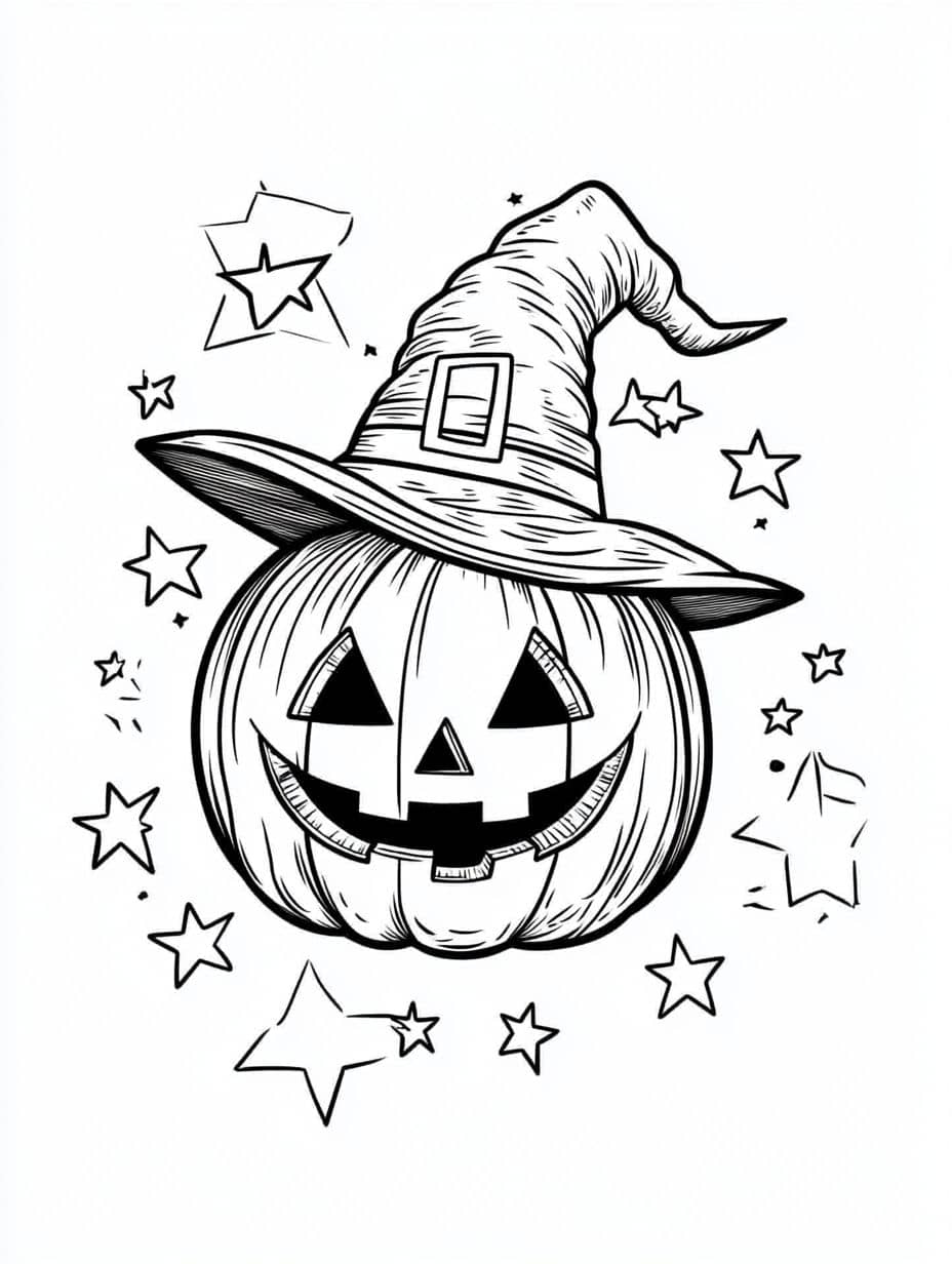 citrouille avec chapeau de sorciere coloriage halloween