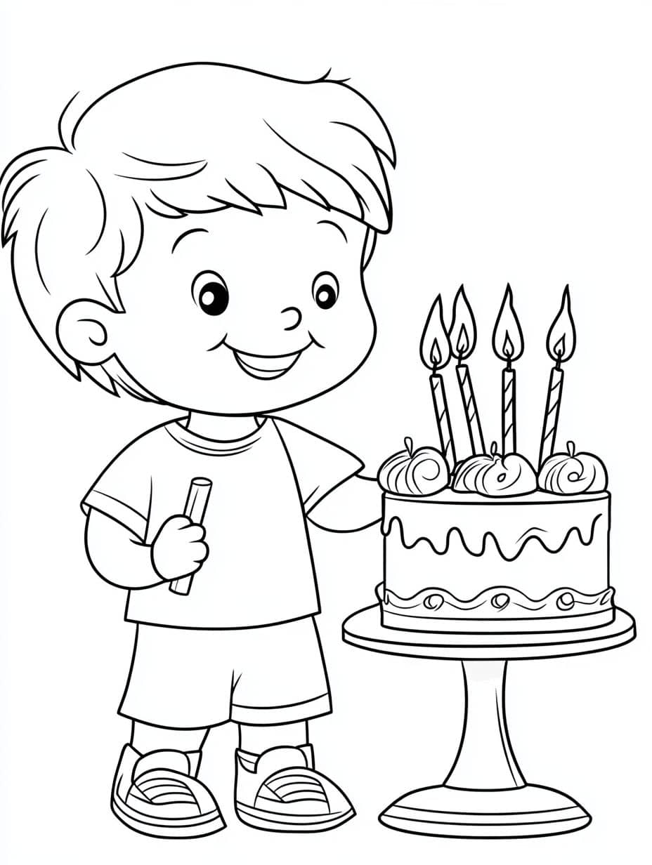 coloriage anniversaire garcon et gateau