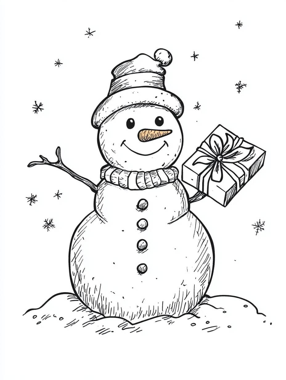 coloriage bonhomme de neige et cadeaux