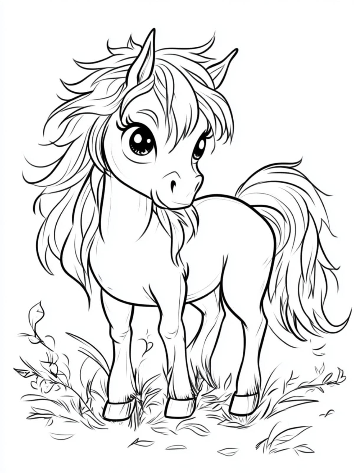 Coloriage Cheval Chibi Avec Herbe