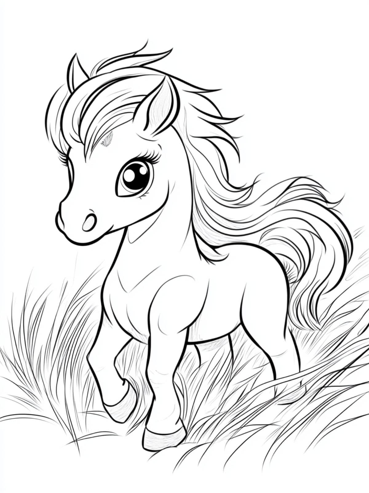 Coloriage Cheval Chibi Longue Queue Et Herbe