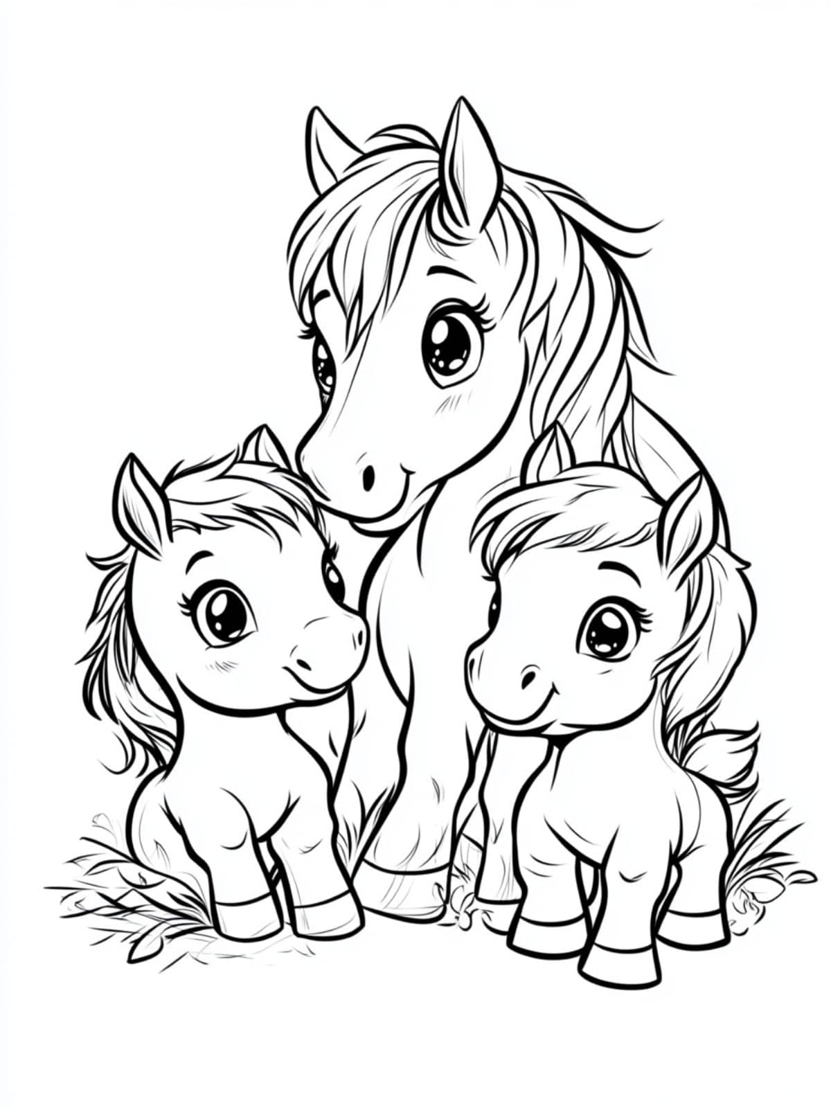 Coloriage Cheval Chibi Trois Enfants