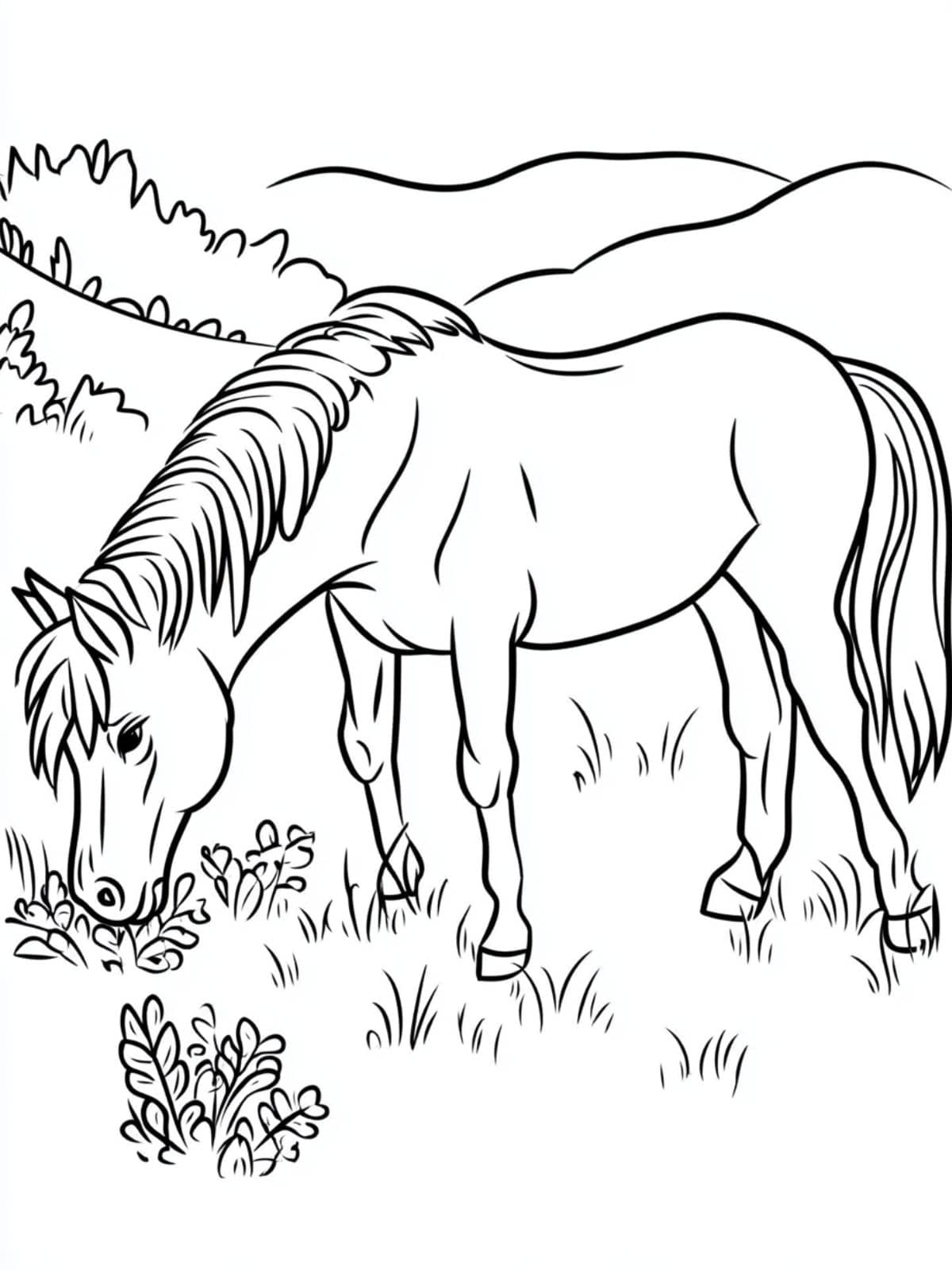 Coloriage Cheval Manger De L Herbe Et Des Montagnes