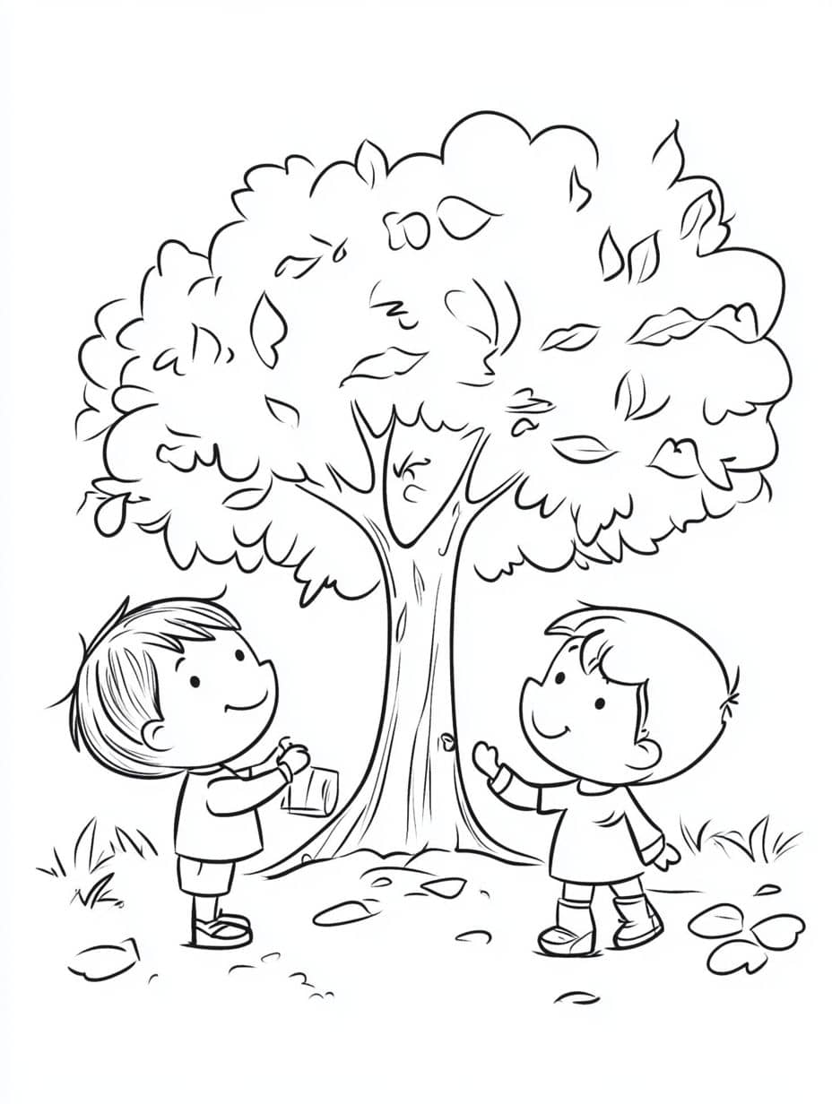 Coloriage Deux Enfants Jouant Sous Un Arbre