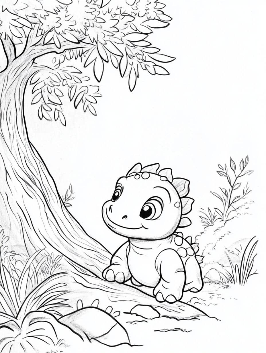 Coloriage Dinosaure Et Arbre