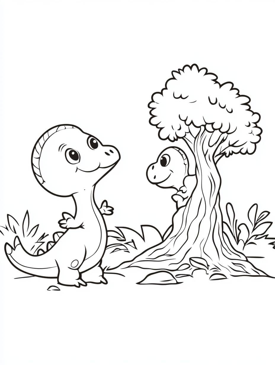 Coloriage Dinosaure Et Petit Arbre