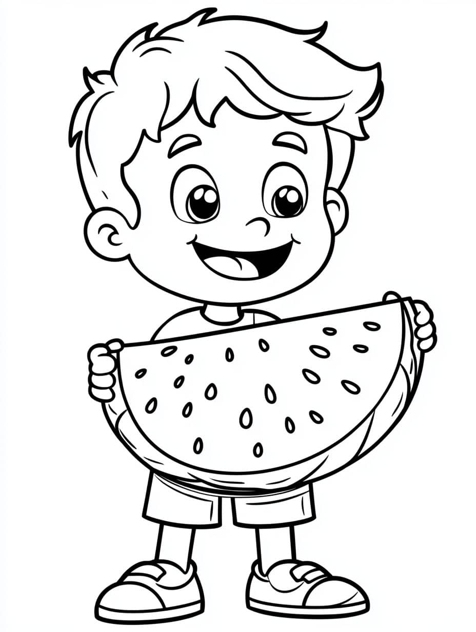 Coloriage Ete Enfant Mangeant De La Pasteque