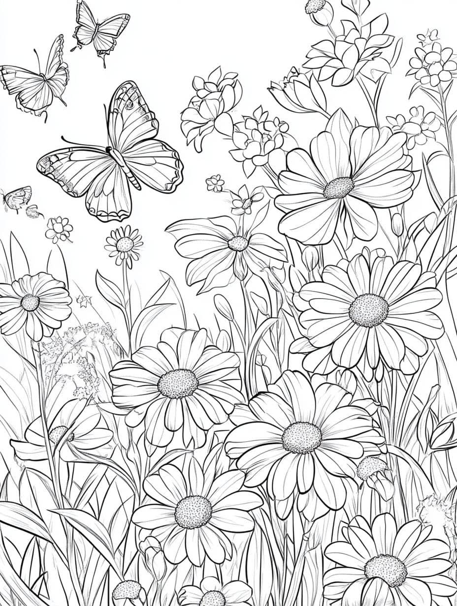 Coloriage Ete Fleurs Et Papillon