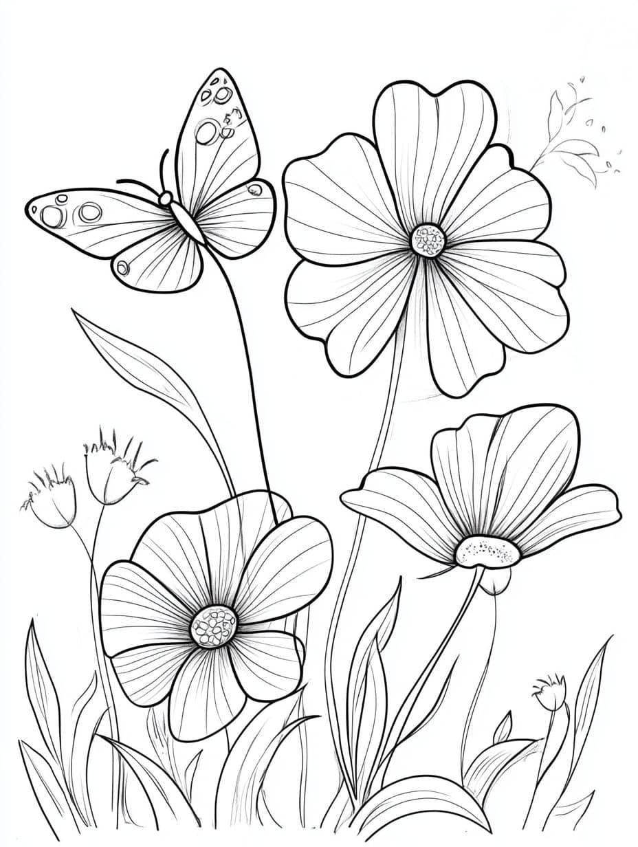 Coloriage Fleur Et Papillon En Train De Voler