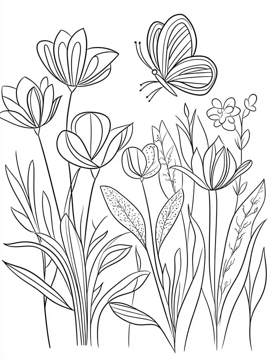 Coloriage Fleur Jardin De Fleurs Et Papillon