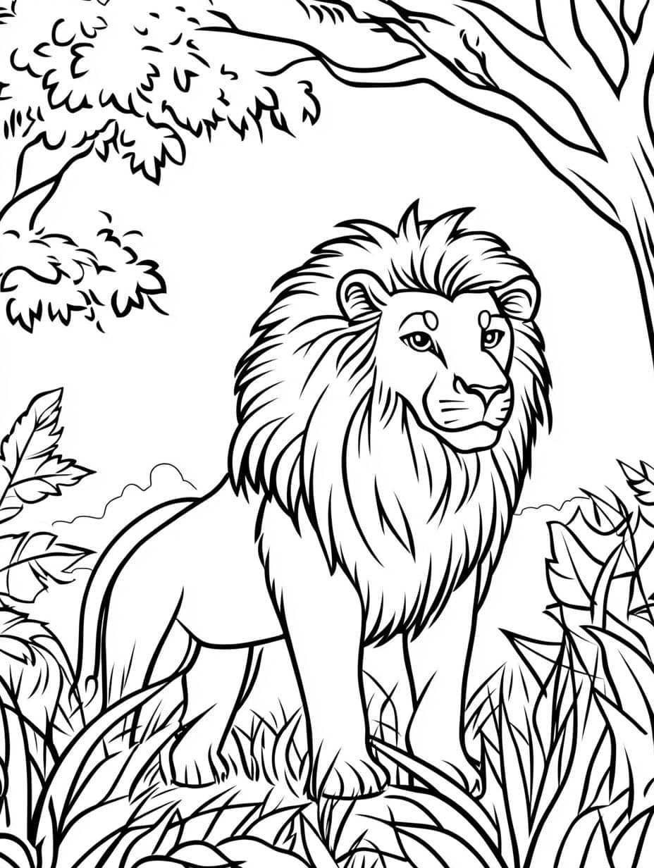 Coloriage Foret Lion Dans La Foret