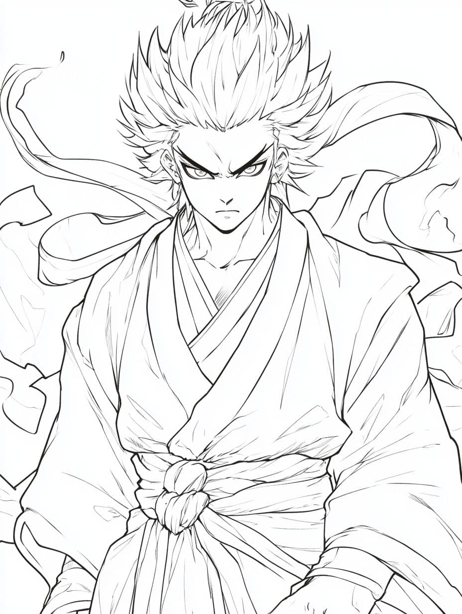 Coloriage Guerrier Manga Cheveux Blancs Kimono Fier