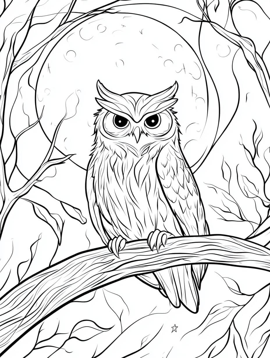 coloriage halloween simple de hibou dans un arbre