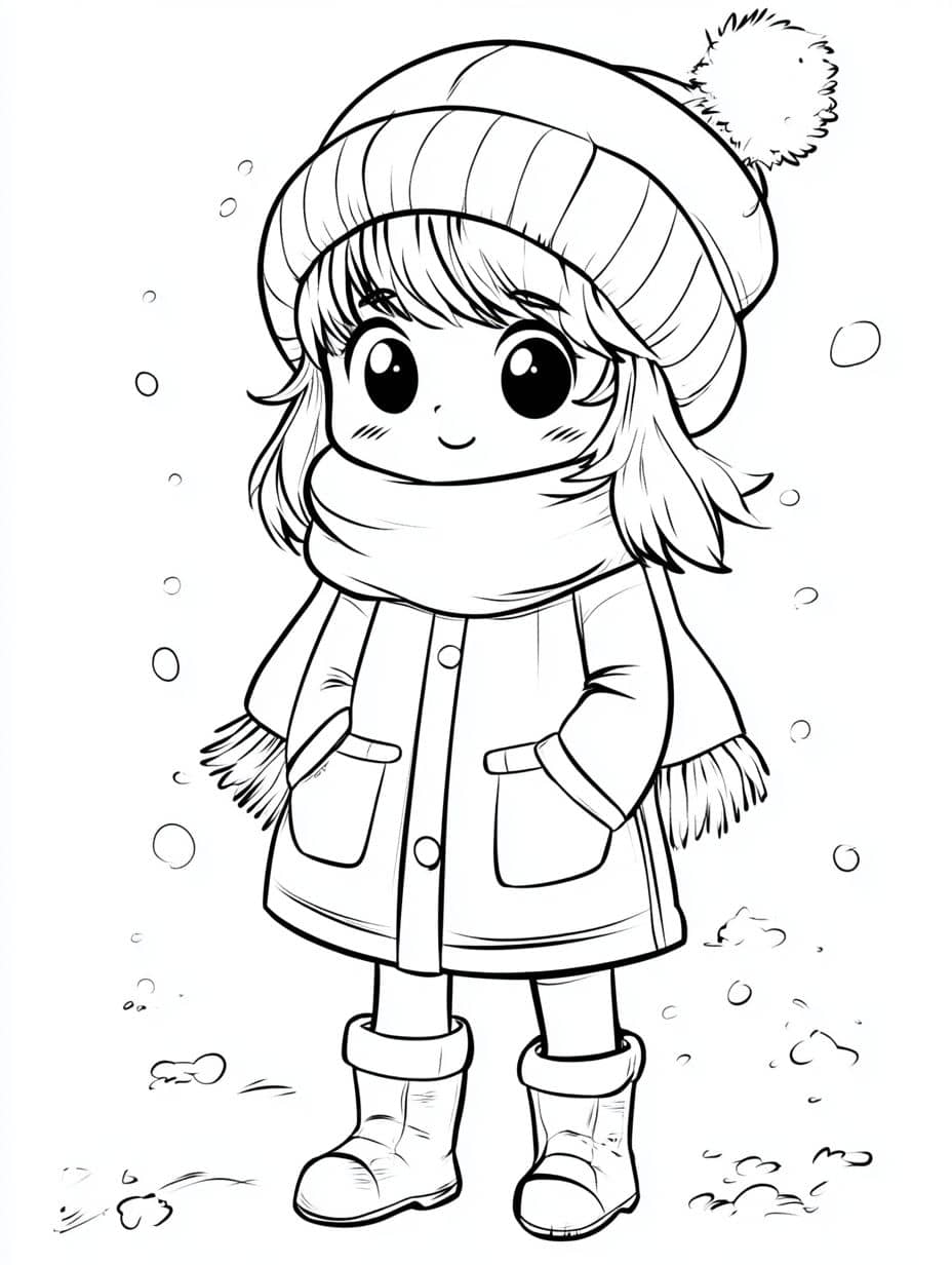 Coloriage Hiver Petite Fille Avec Chapeau Et Echarpe