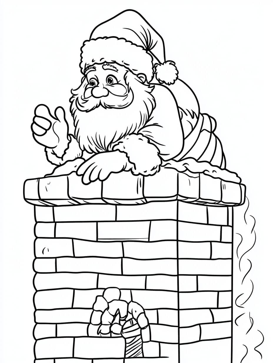 coloriage le pere noel sortant de la cheminee