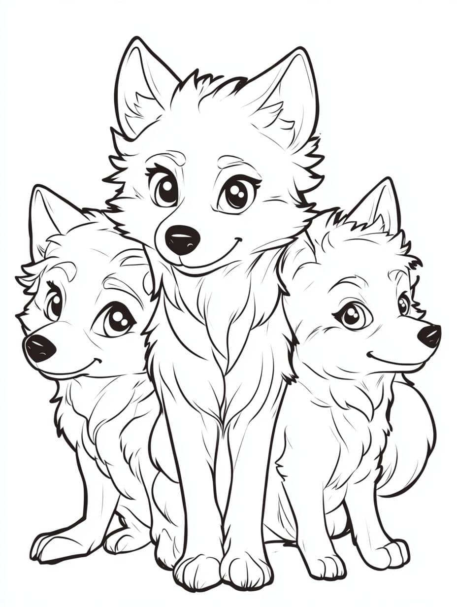 Coloriage Loup Famille De Trois