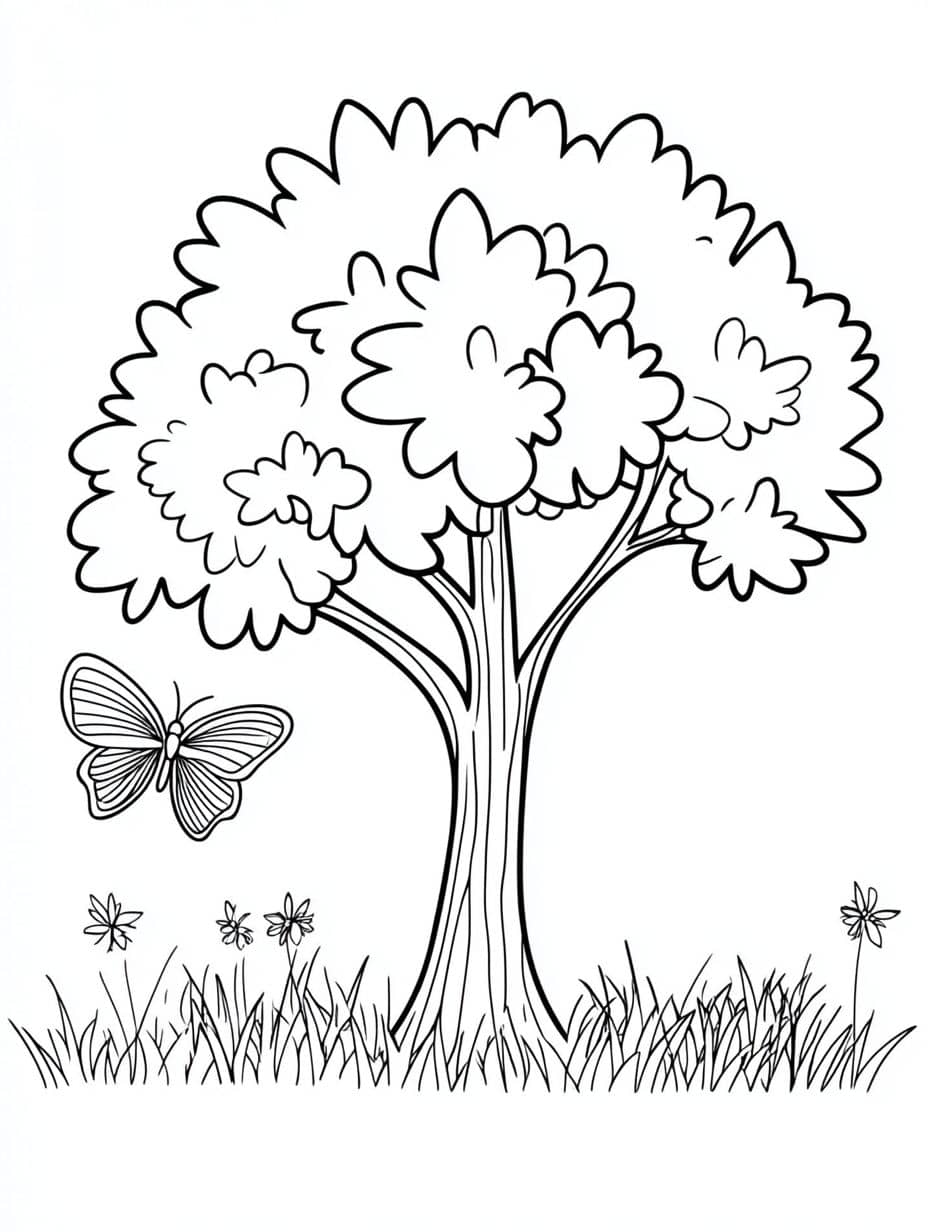 Coloriage Montagne Arbre Avec Papillon Et Nuages