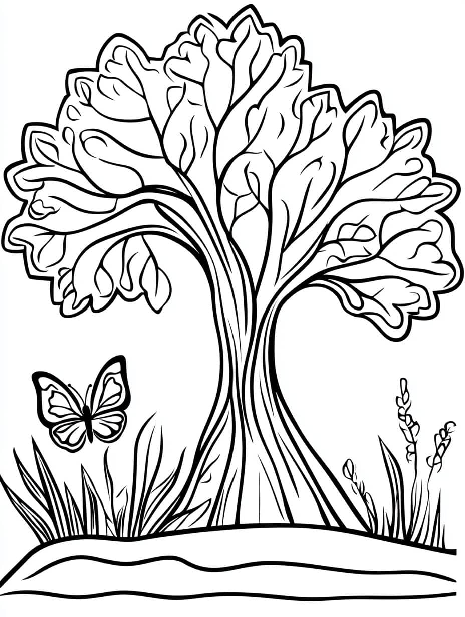 Coloriage Montagne Arbre Et Herbe