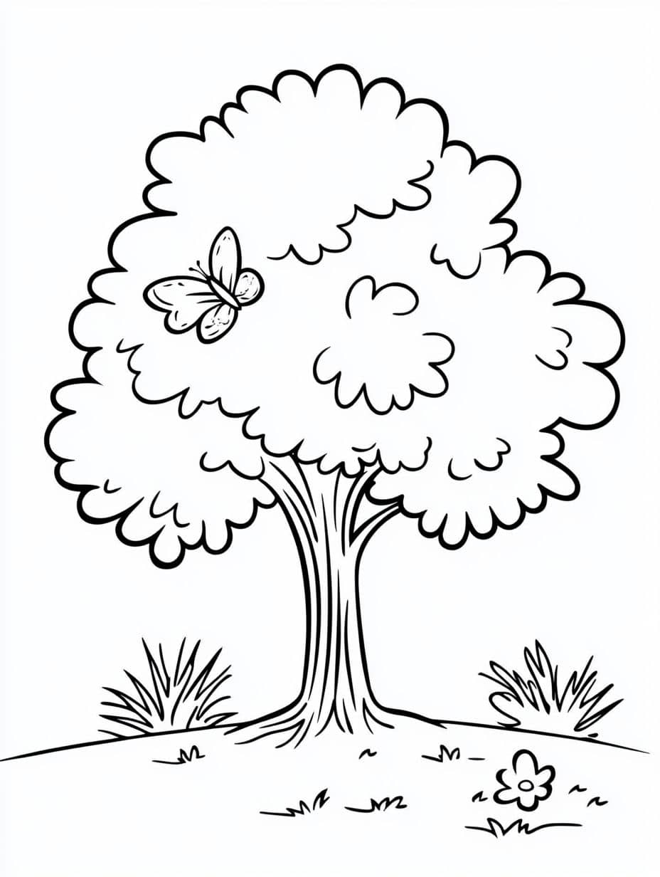Coloriage Montagne Arbre Et Papillon Volant