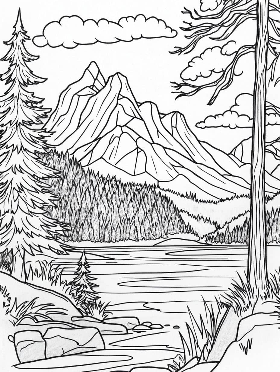 Coloriage Montagne Papillon Et Fleurs