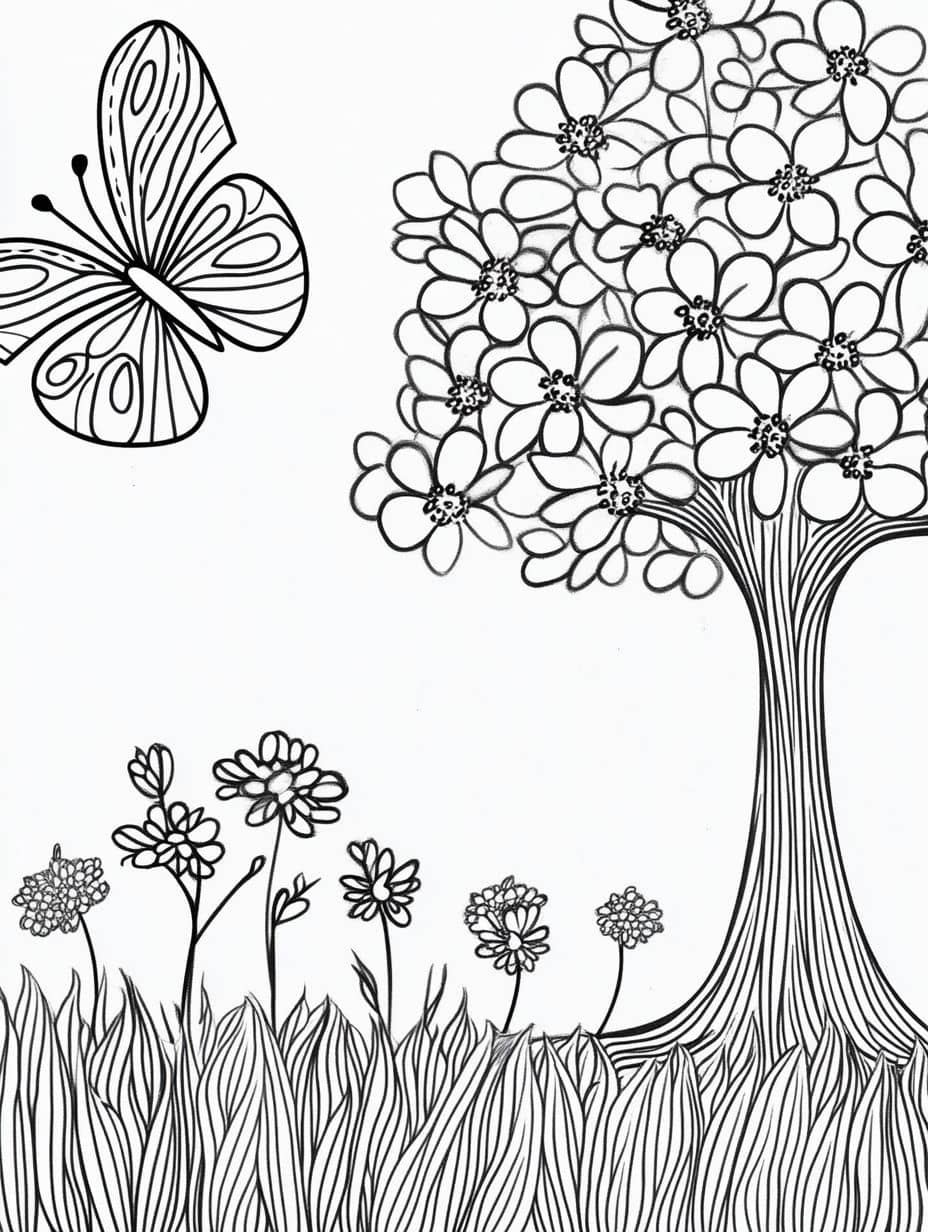 Coloriage Montagne Papillon Et Herbe