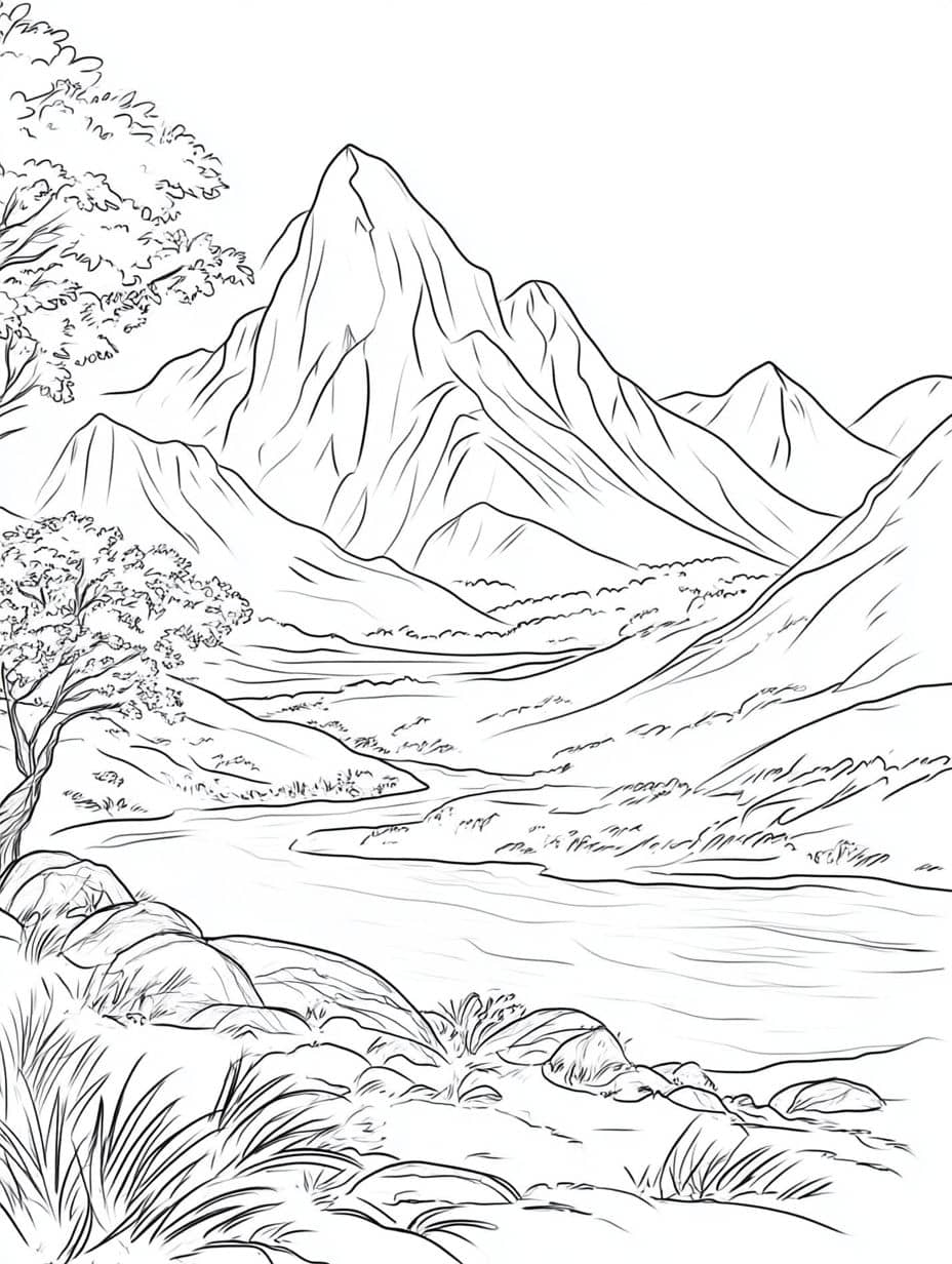 Coloriage Montagne Soleil Et Nuages