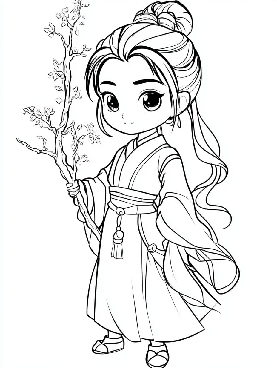 coloriage mulan avec fleur