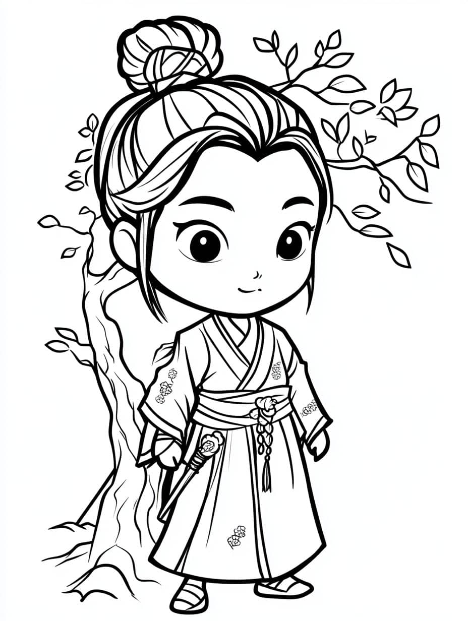 coloriage mulan chibi et arbre