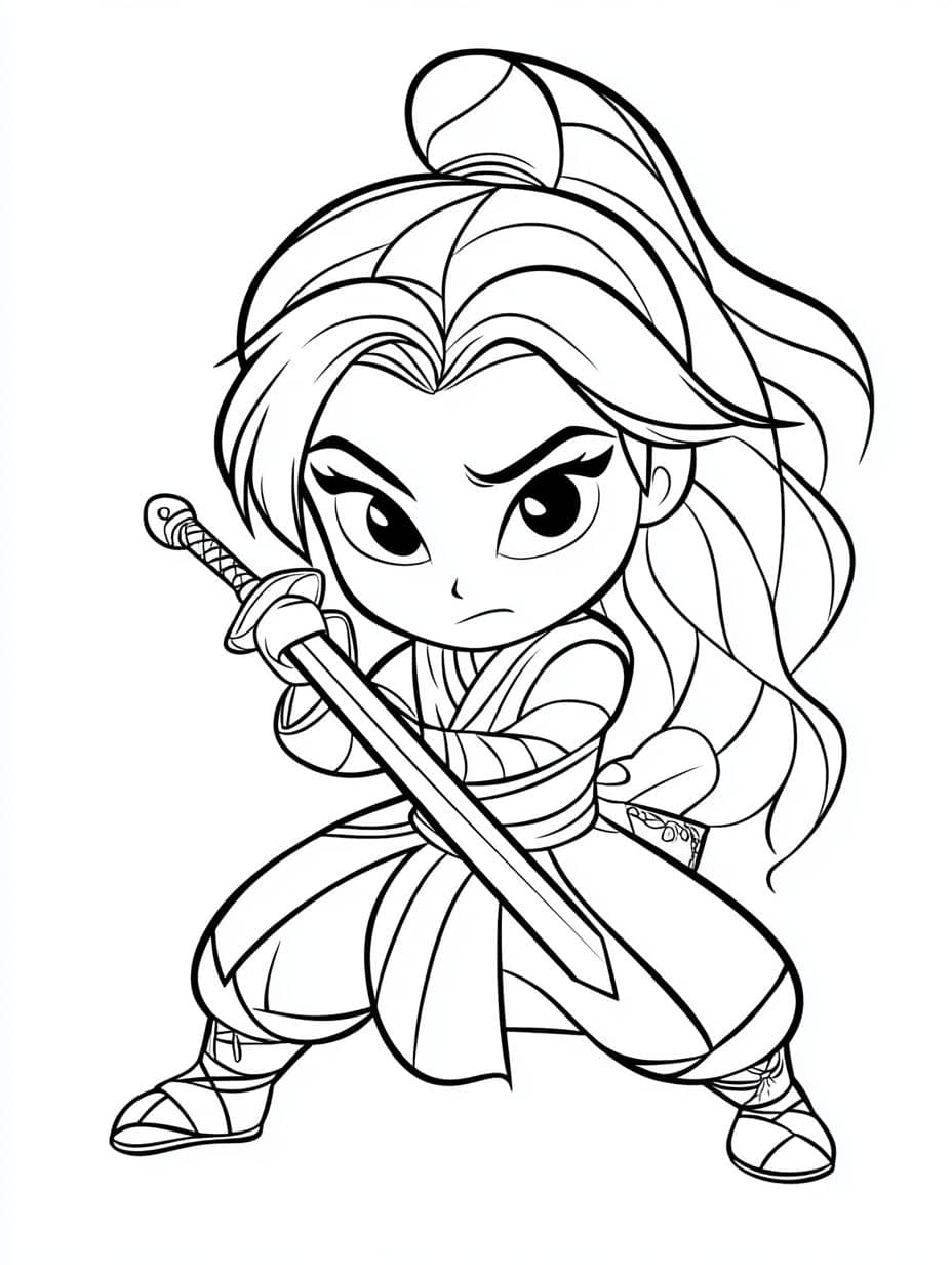 coloriage mulan dansant avec epee mignonne