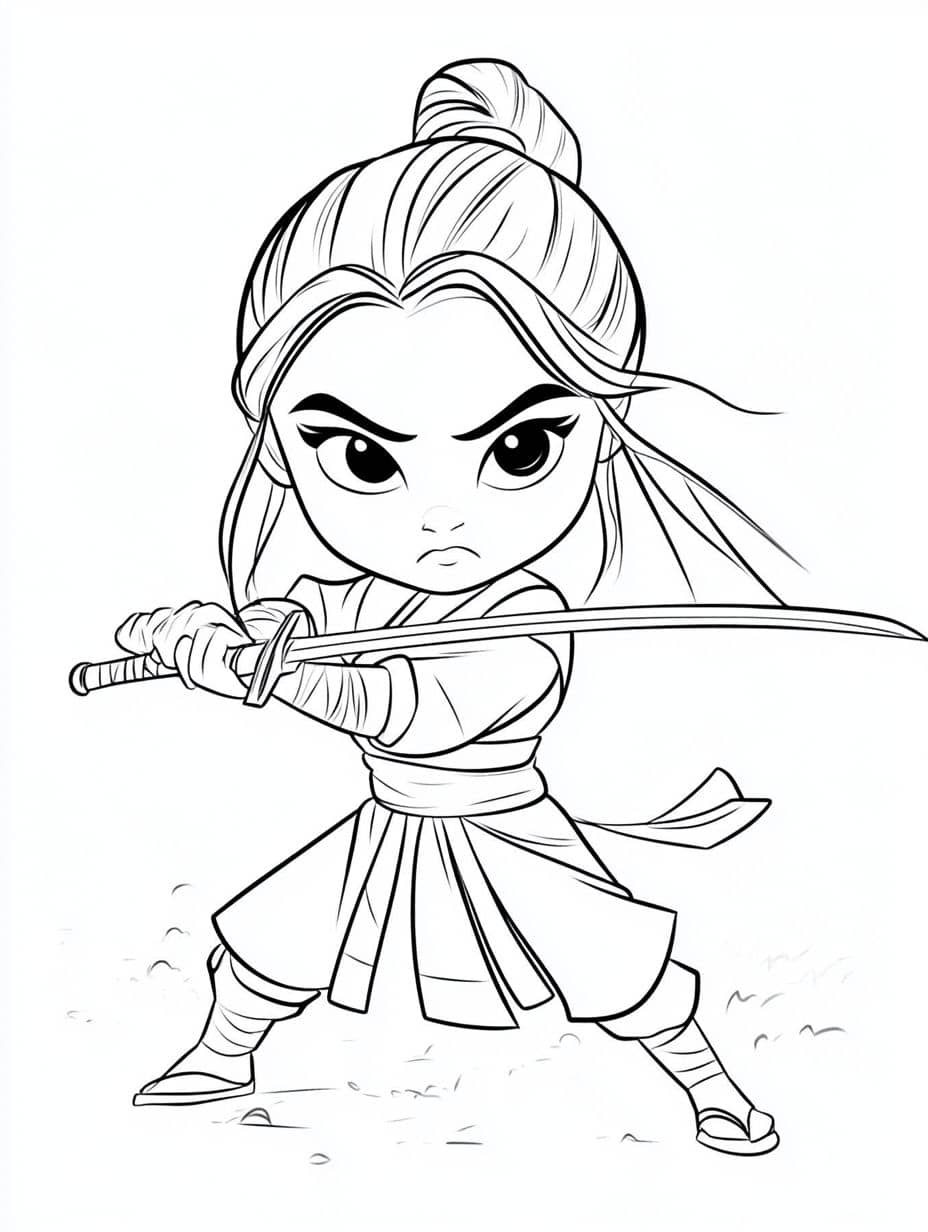 coloriage mulan dansant avec epee puissante