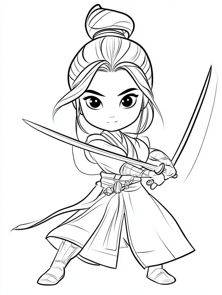 coloriage mulan en train de danser avec epee