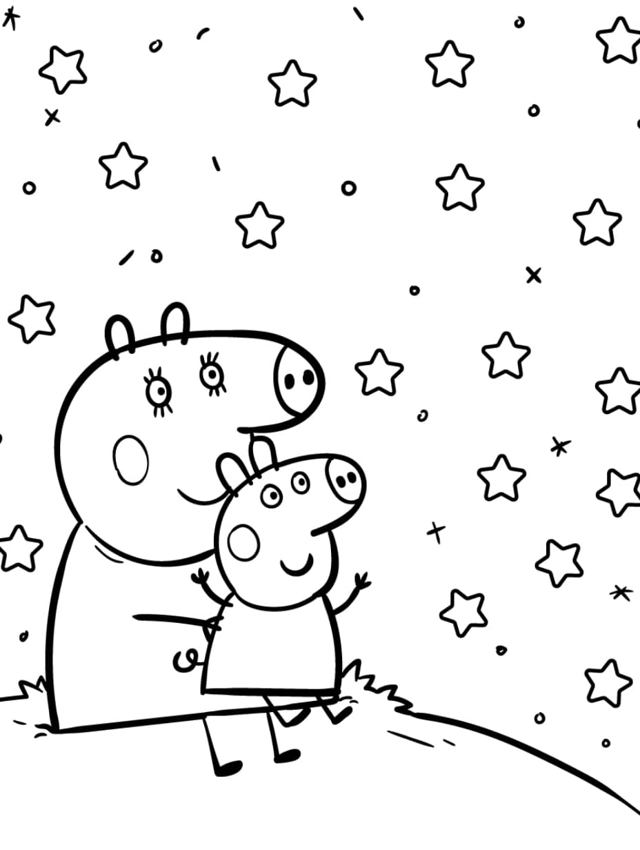 Coloriage Peppa Pig Regardant Les Etoiles