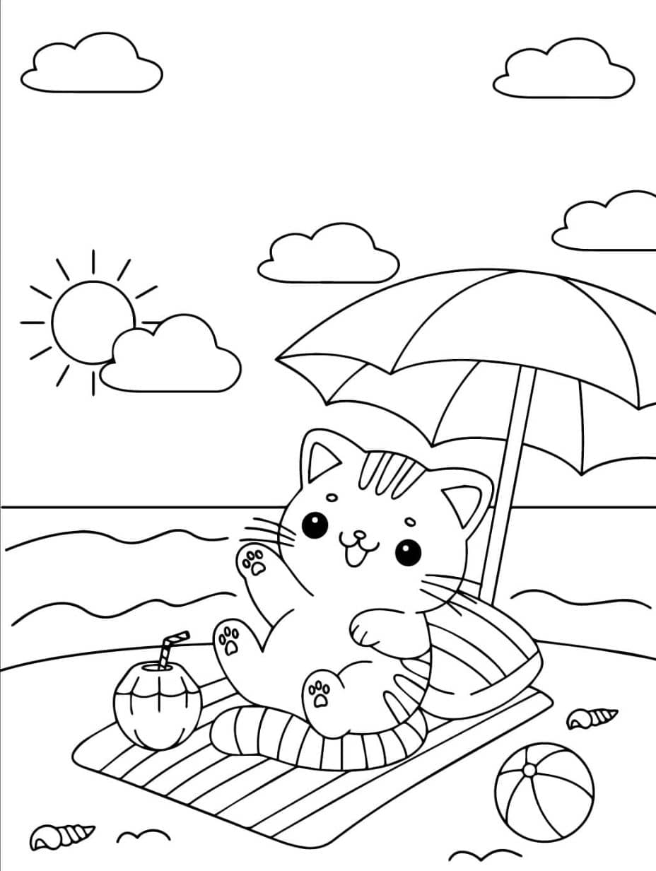 Coloriage Plage Chat En Vacances