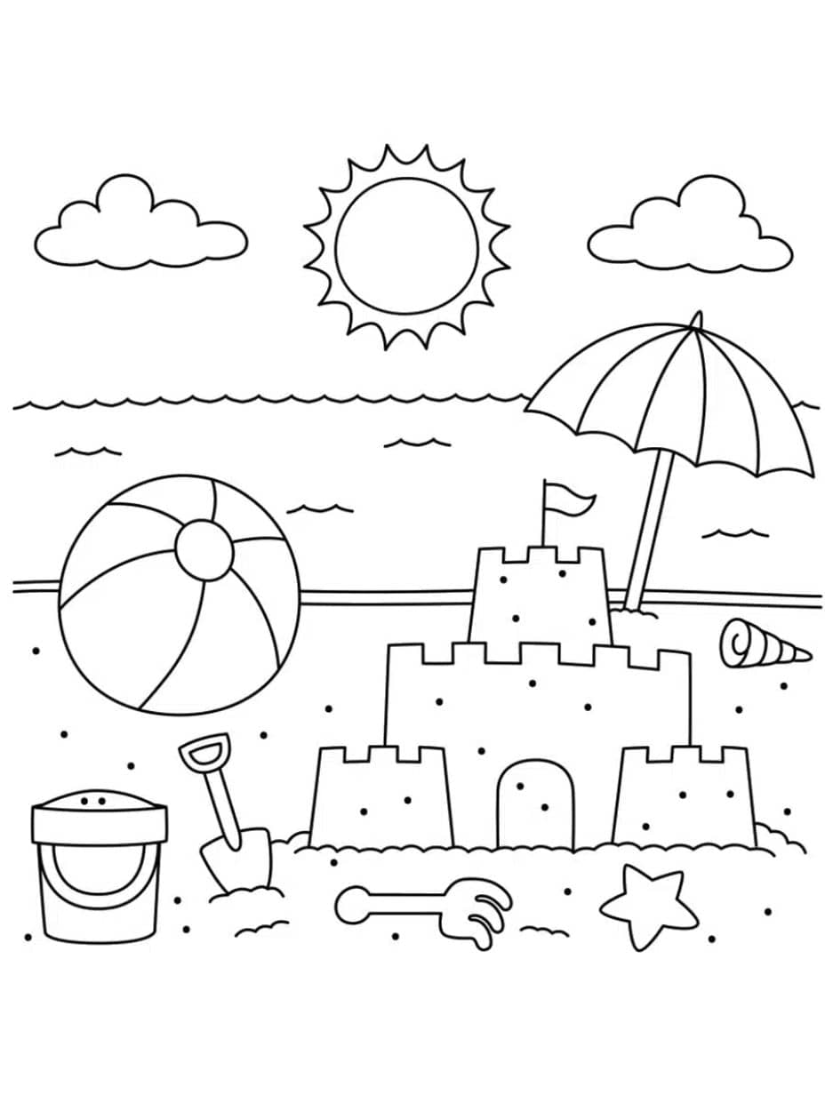 Coloriage Plage Chateau De Sable Et Ballon