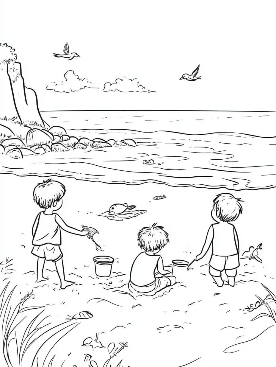 Coloriage Plage Enfant En Train De Jouer