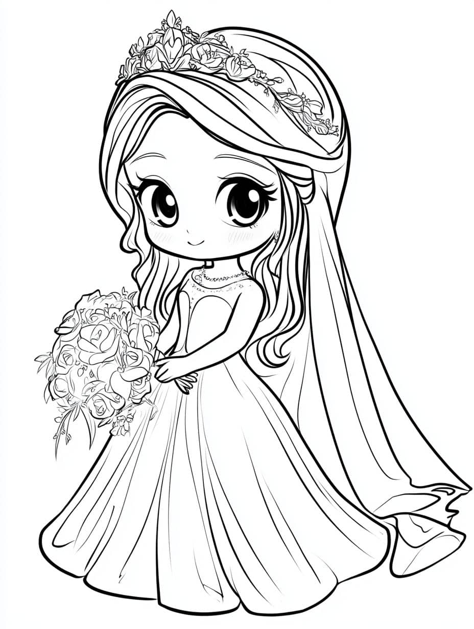 Coloriage Princesses Tenant Des Fleurs De Mariage