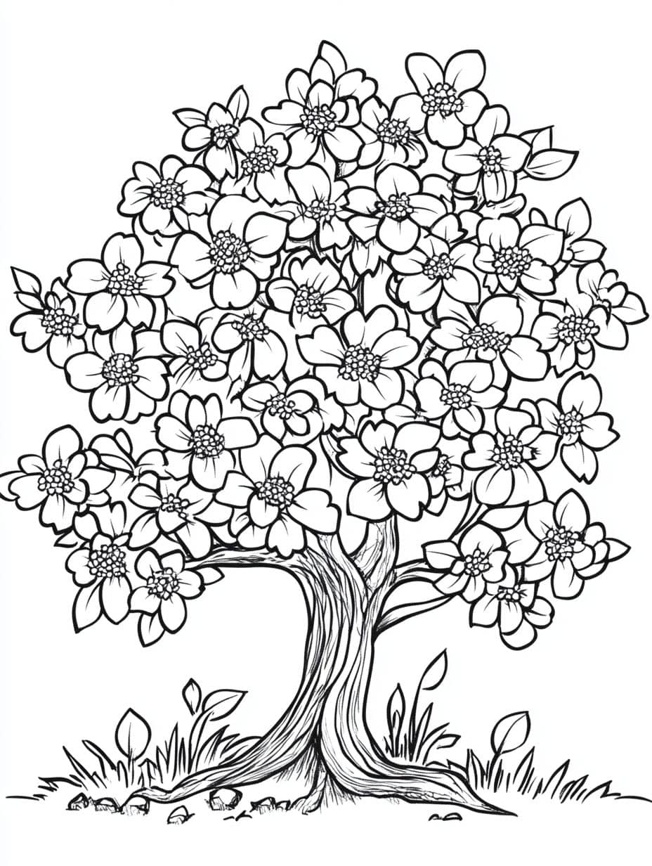 Coloriage Printemps Arbre Avec Beaucoup De Fleurs