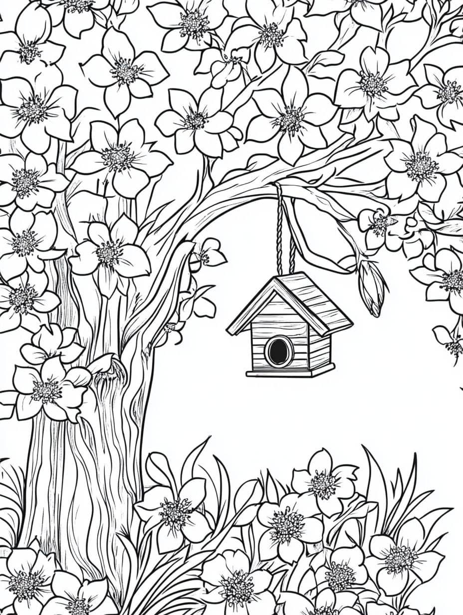 Coloriage Printemps Arbre Et Petite Maison