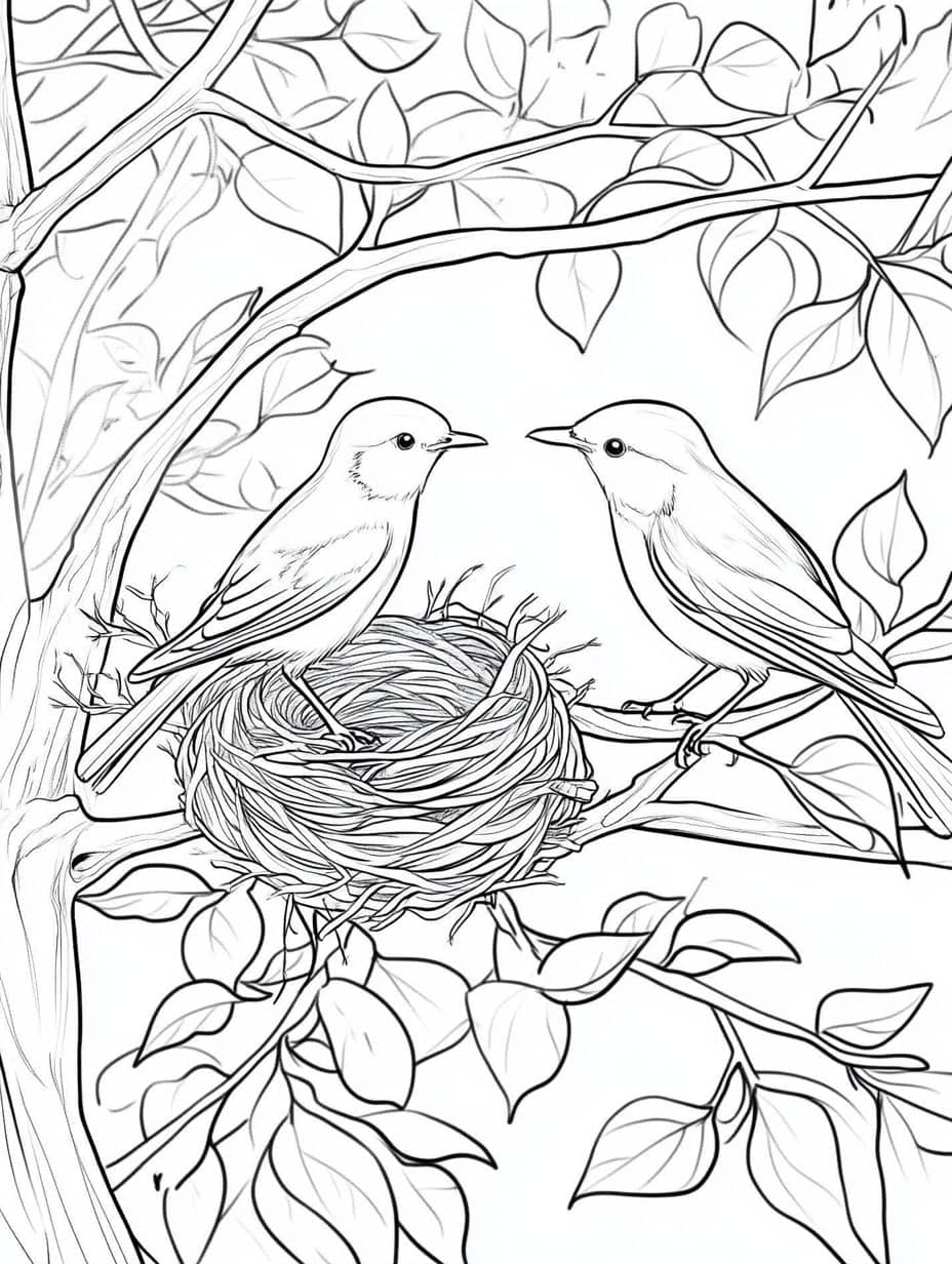 Coloriage Printemps Couple Oiseaux