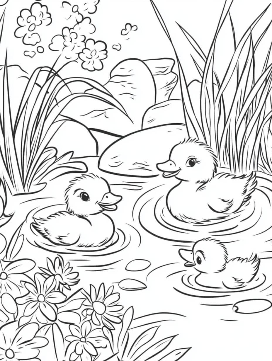 Coloriage Printemps Famille De Canards