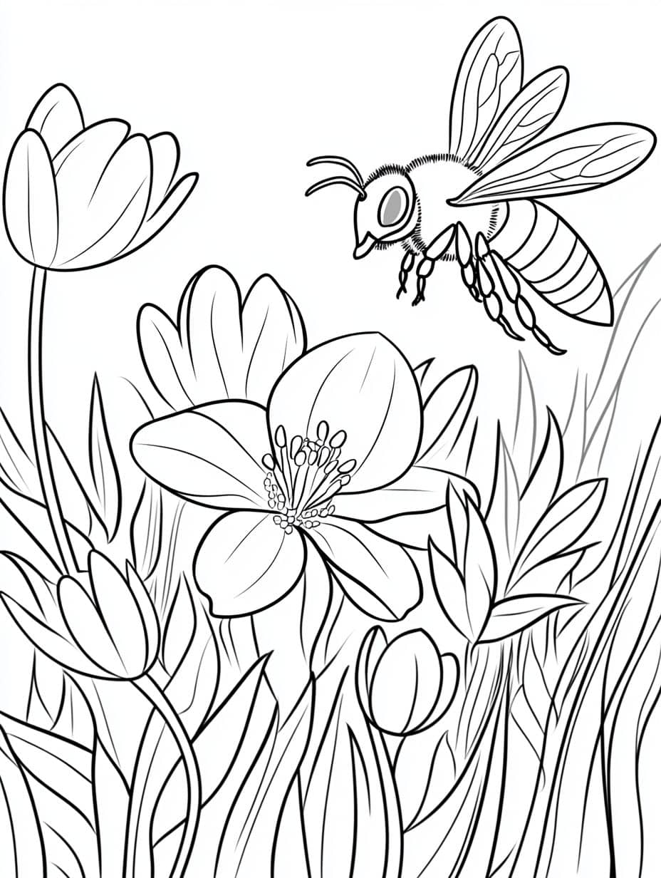 Coloriage Printemps Fleurs Et Abeilles