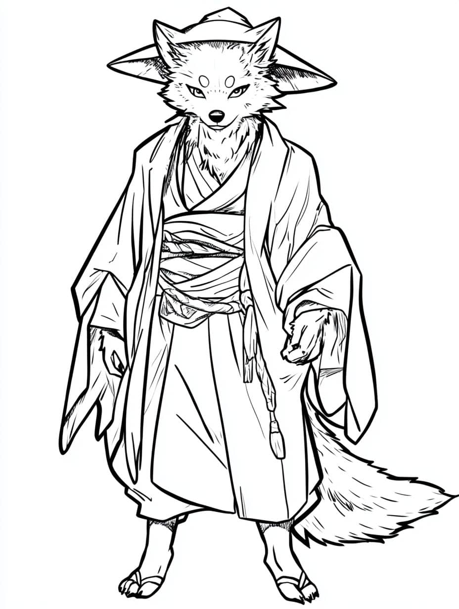 Coloriage Renard Anthropomorphe Kimono Japonais