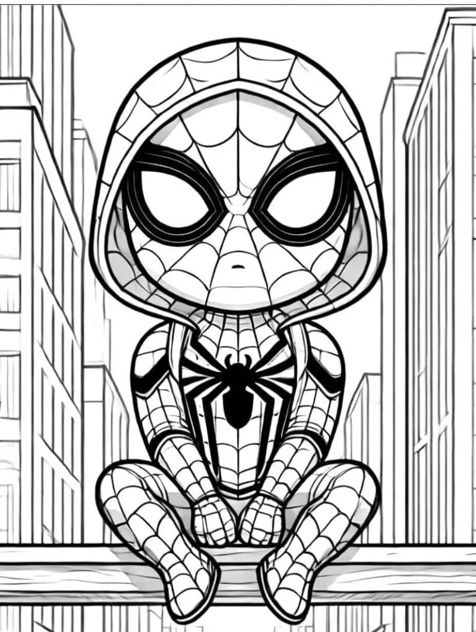 coloriage spiderman sautant entre les batiments