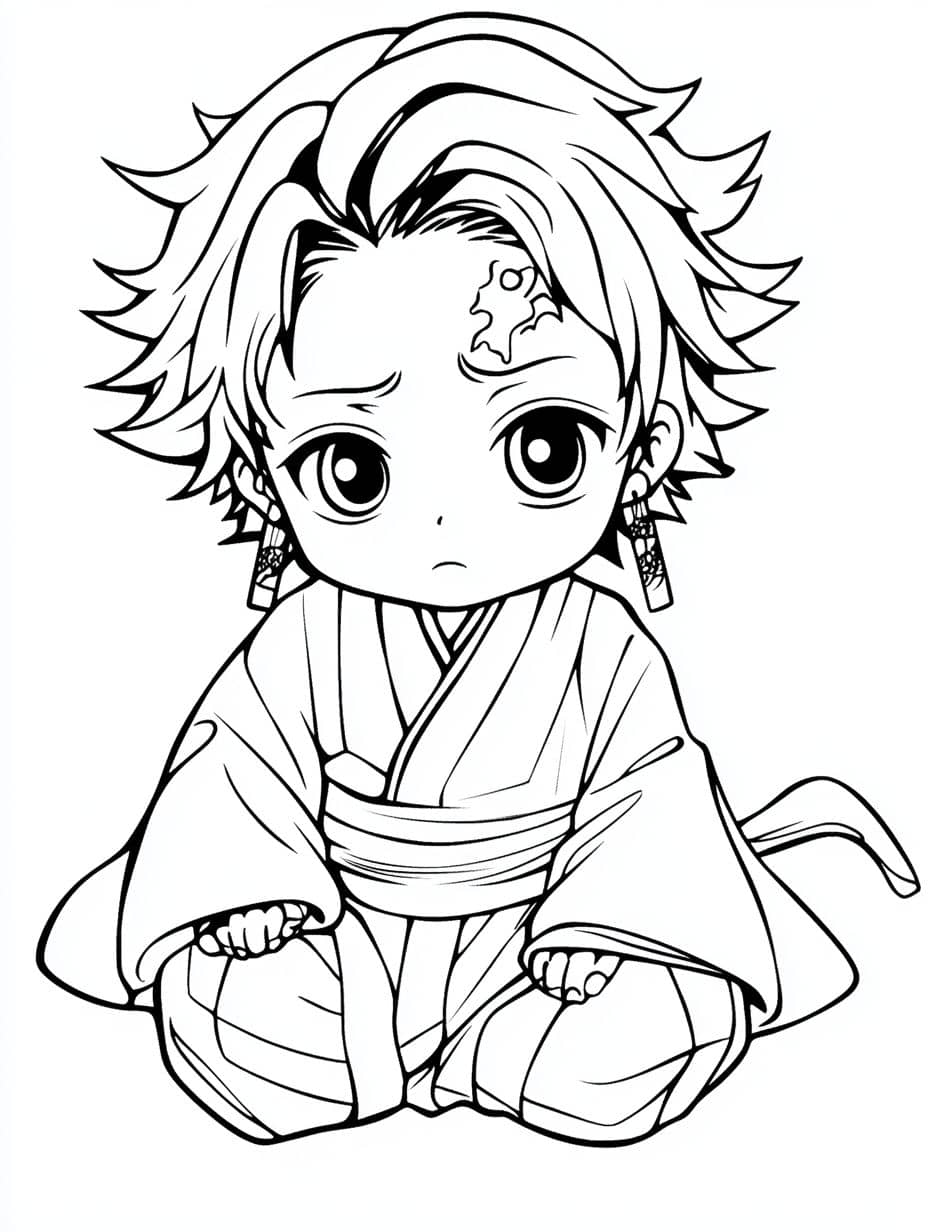 Coloriage Tanjiro Kamado Chibi Detendu Demon Slayer Kawaii