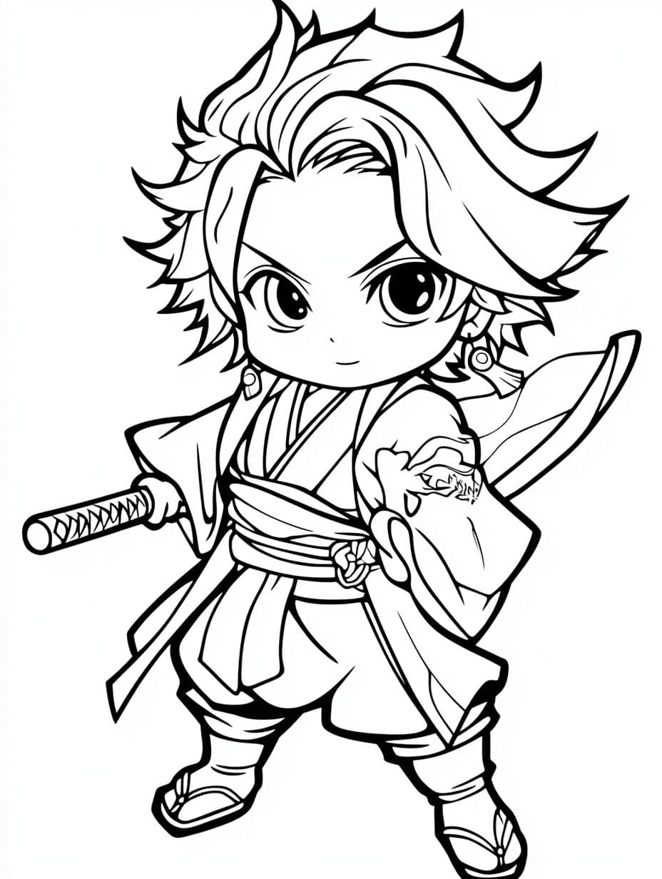 Coloriage Tanjiro Kamado Chibi Tueur De Demon Kawaii Epee Levee Pour Enfants