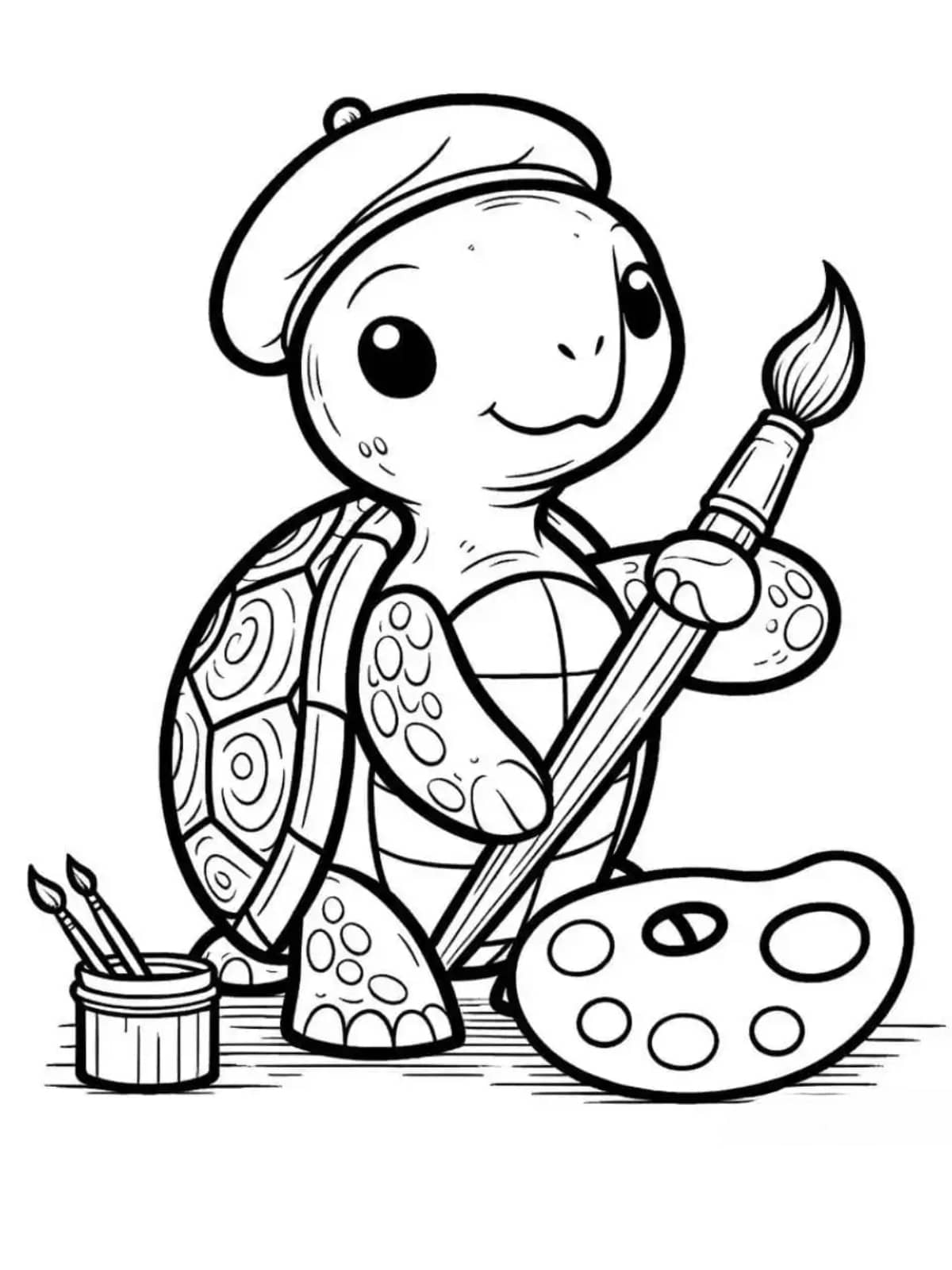 Coloriage Tortue Tenant Un Pinceau