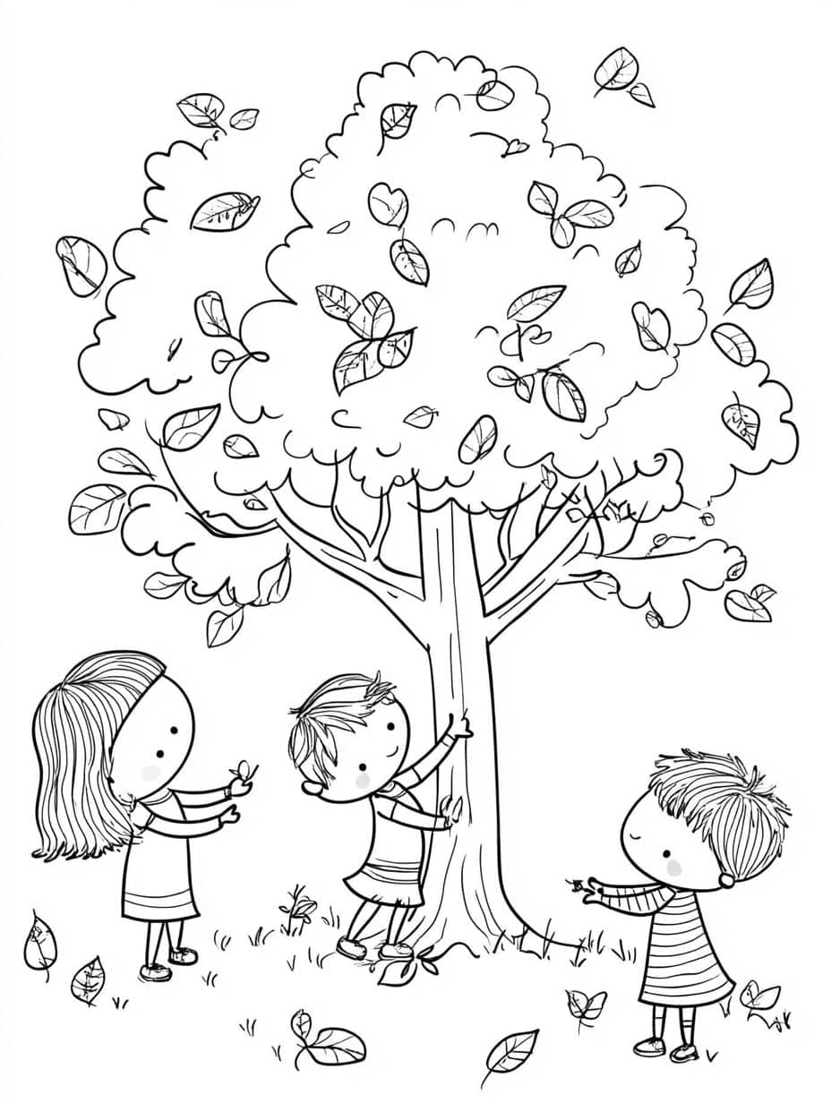 Coloriage Trois Enfants Jouant Sous Arbre