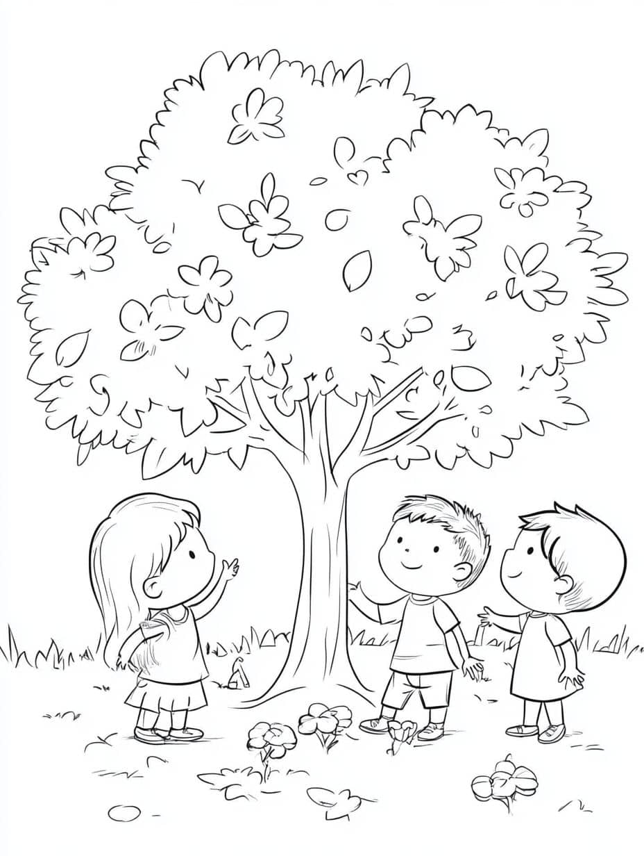 Coloriage Trois Enfants Jouant Sous L Arbre