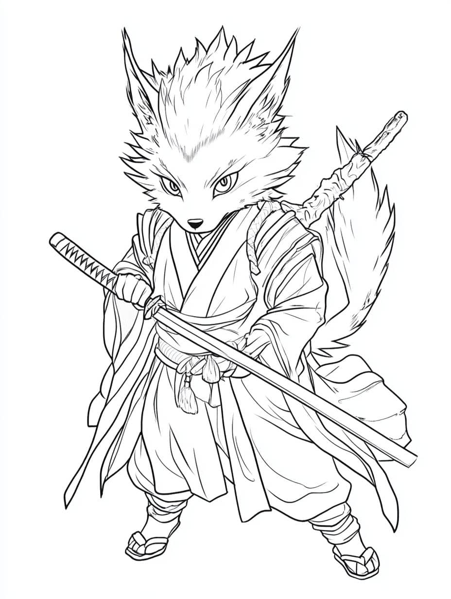 Coloriage Yokai Renard Kitsune Kimono