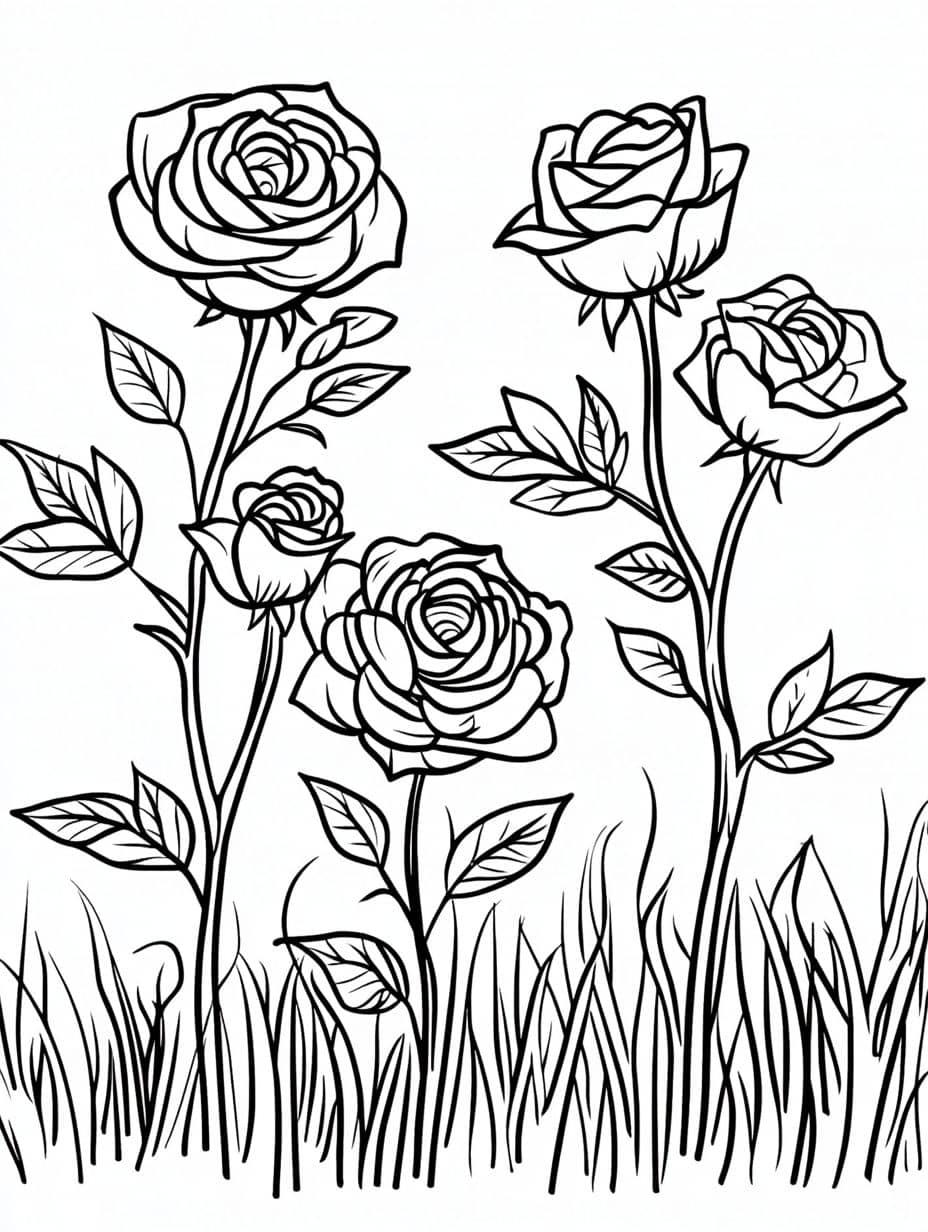 Des Coloriage Roses Sur La Pelouse